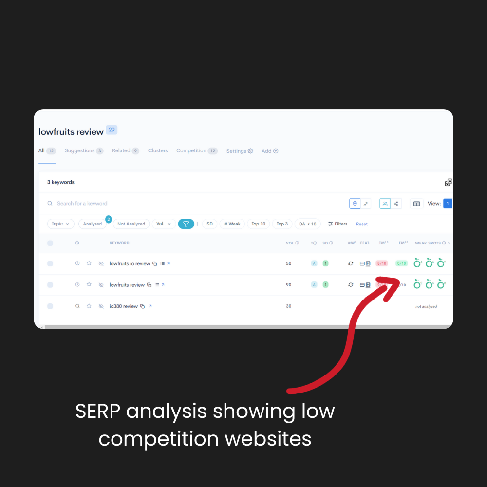 SERP analysis showing low competition websites